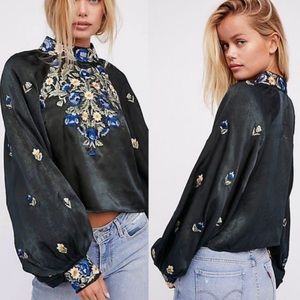 Free People Jessica High Collar Emerald Embroidered Blouse—XS